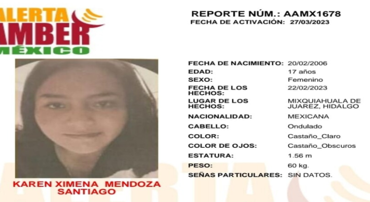 Ximena Mendoza desapareció en Hidalgo