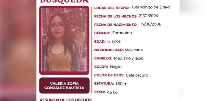 Buscan a Valeria de 15 años, otra mujer desaparecida en Tulancingo