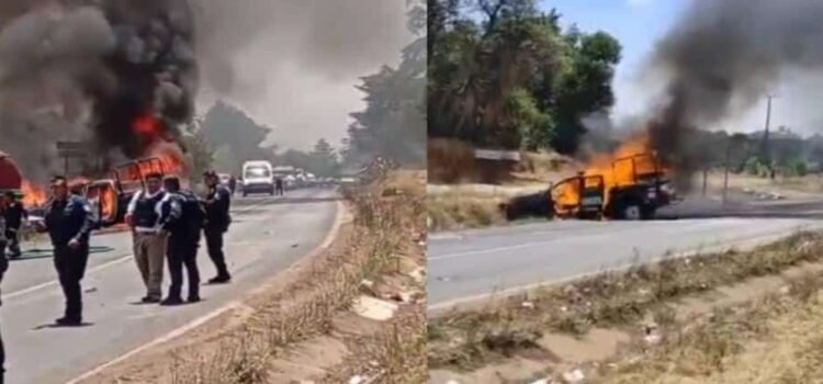 Presuntos huachicoleros queman patrulla de la policía de Acaxochitlán, Hidalgo